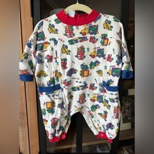 Vintage 90s All Mine Baby Romper coverall Trucks Cars Print baby toddler boys